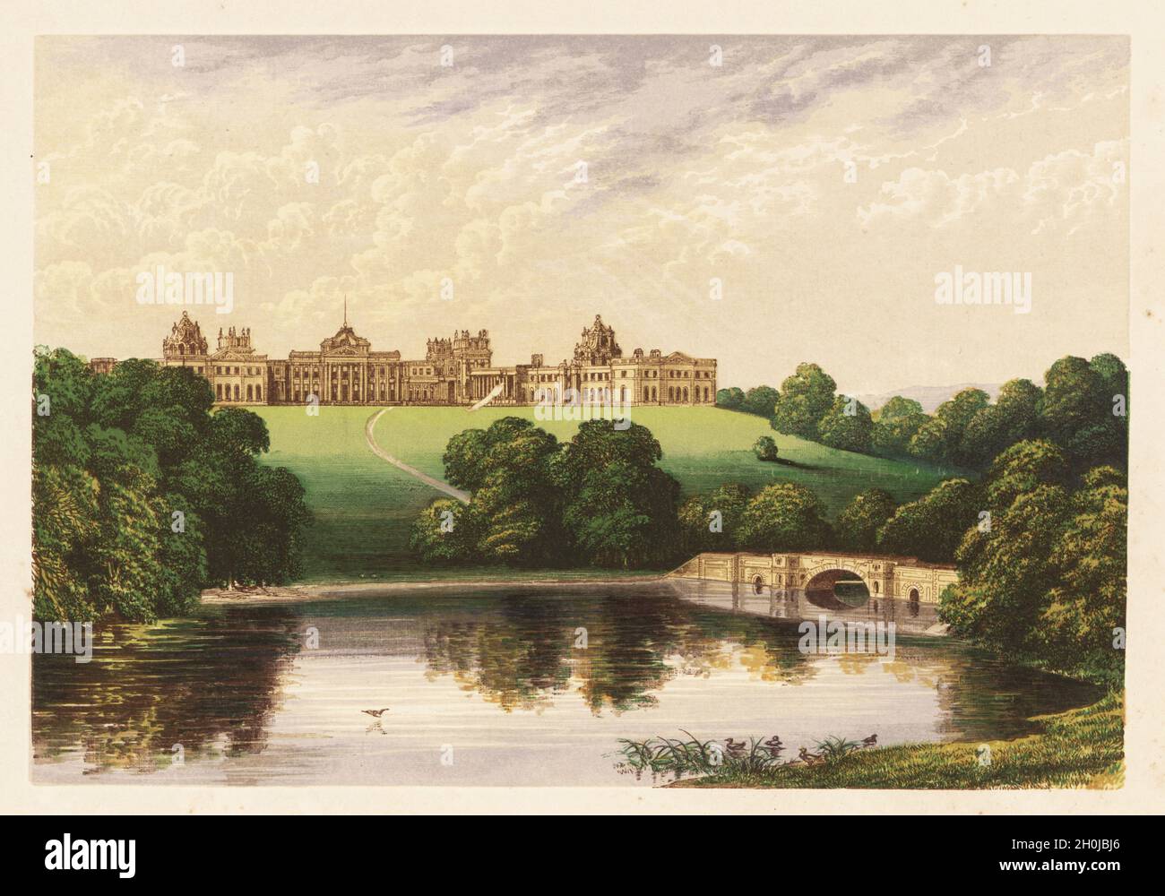 Blenheim Palace, Oxfordshire, England. English Baroque-style  palace built by Sir John Vanbrugh for John Churchill, 1st Duke of Marlborough in the early 18th century. Colour woodblock by Benjamin Fawcett in the Baxter process of an illustration by Alexander Francis Lydon from Reverend Francis Orpen Morris’s Picturesque Views of the Seats of Noblemen and Gentlemen of Great Britain and Ireland, William Mackenzie, London, 1880. Stock Photo