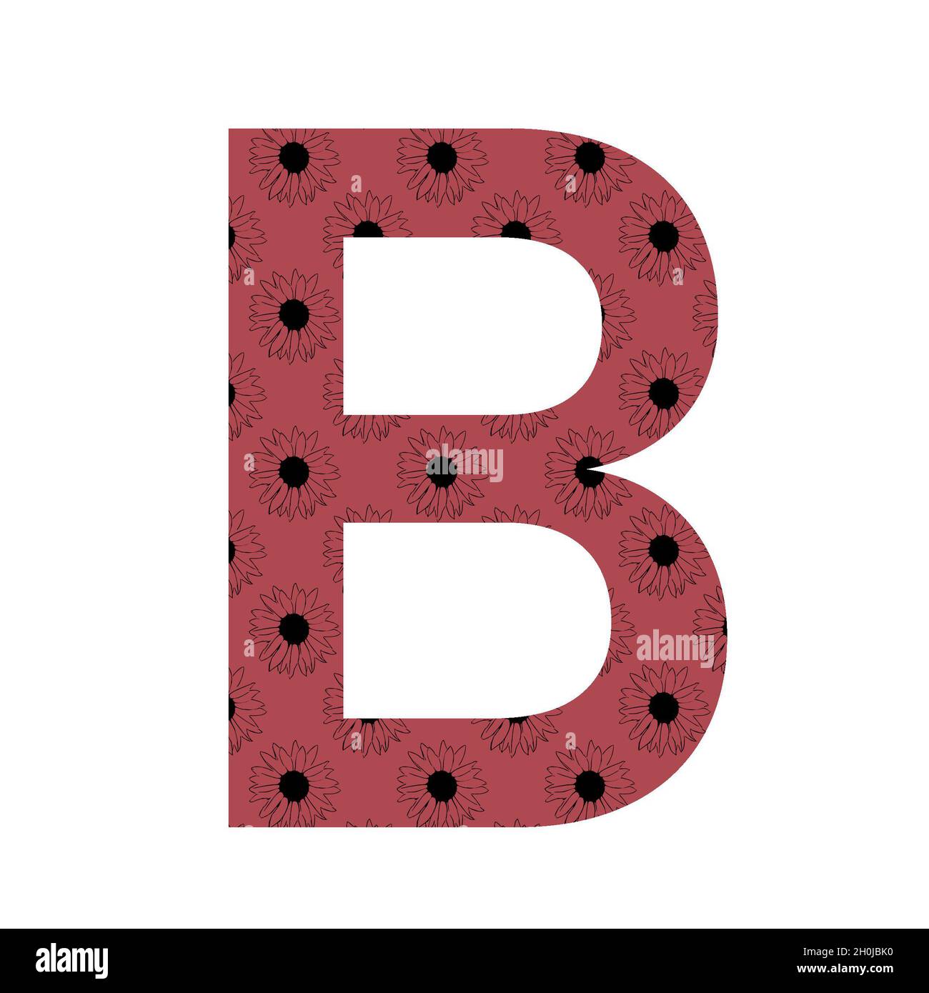 Letter B of the alphabet made with a pattern of sunflowers with a dark pink background, isolated on a white background Stock Photo