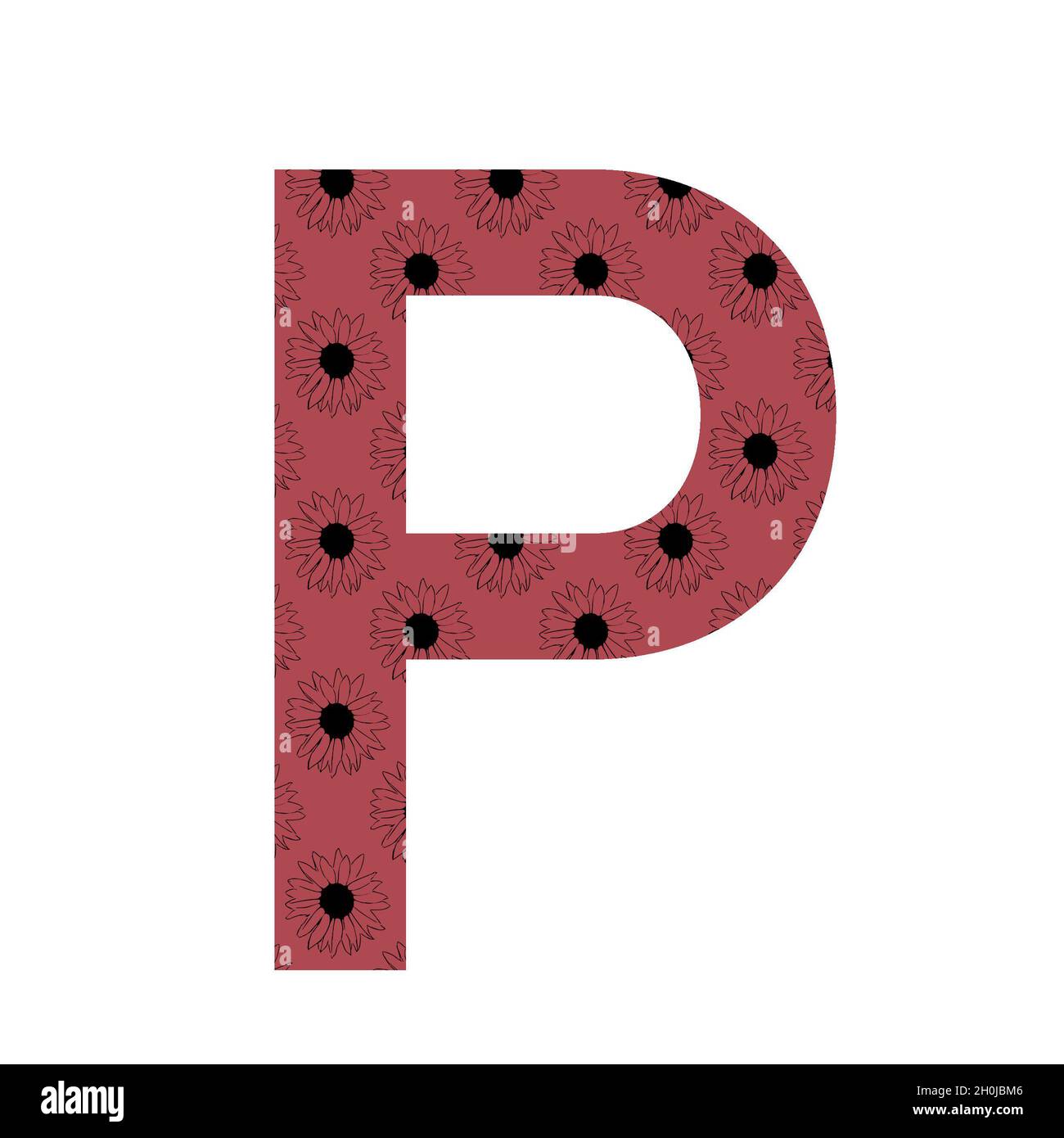 Letter P of the alphabet made with a pattern of sunflowers with a dark pink background, isolated on a white background Stock Photo