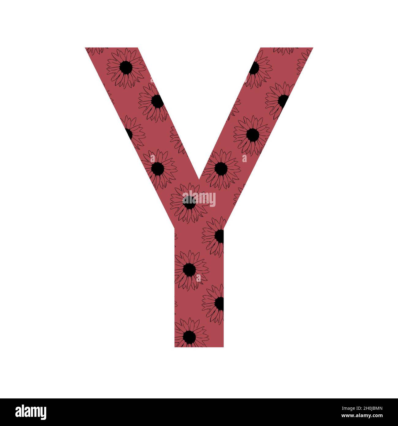Letter Y of the alphabet made with a pattern of sunflowers with a dark pink background, isolated on a white background Stock Photo