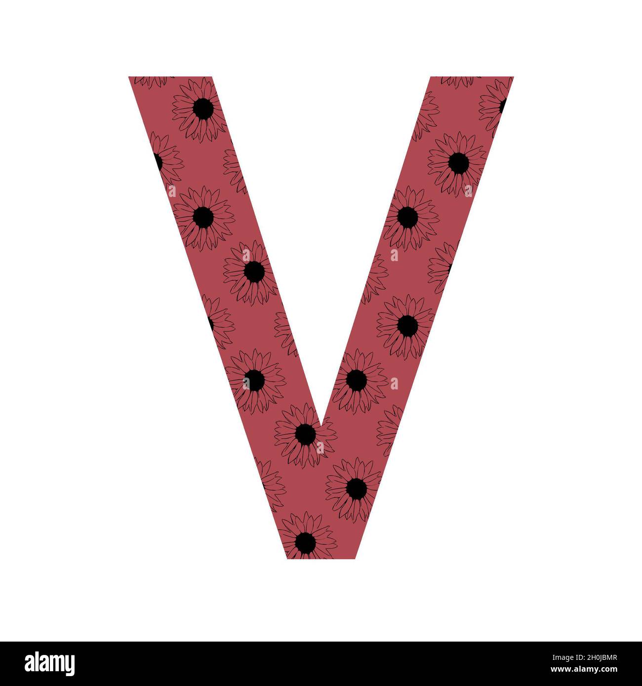 Letter V of the alphabet made with a pattern of sunflowers with a dark pink background, isolated on a white background Stock Photo