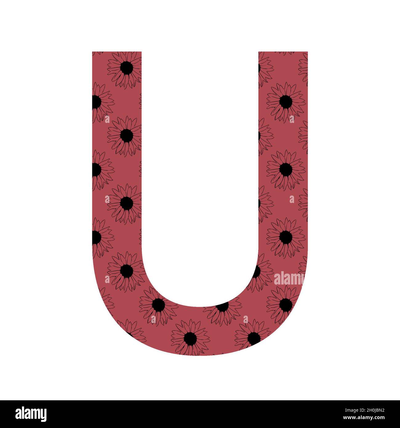 Letter U of the alphabet made with a pattern of sunflowers with a dark pink background, isolated on a white background Stock Photo