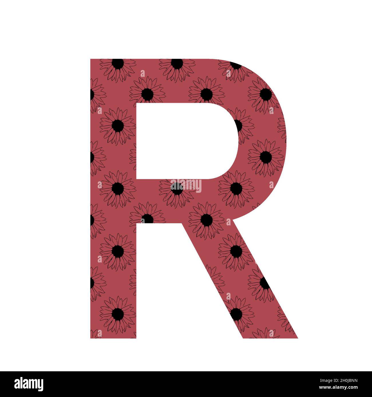 Letter R of the alphabet made with a pattern of sunflowers with a dark ...