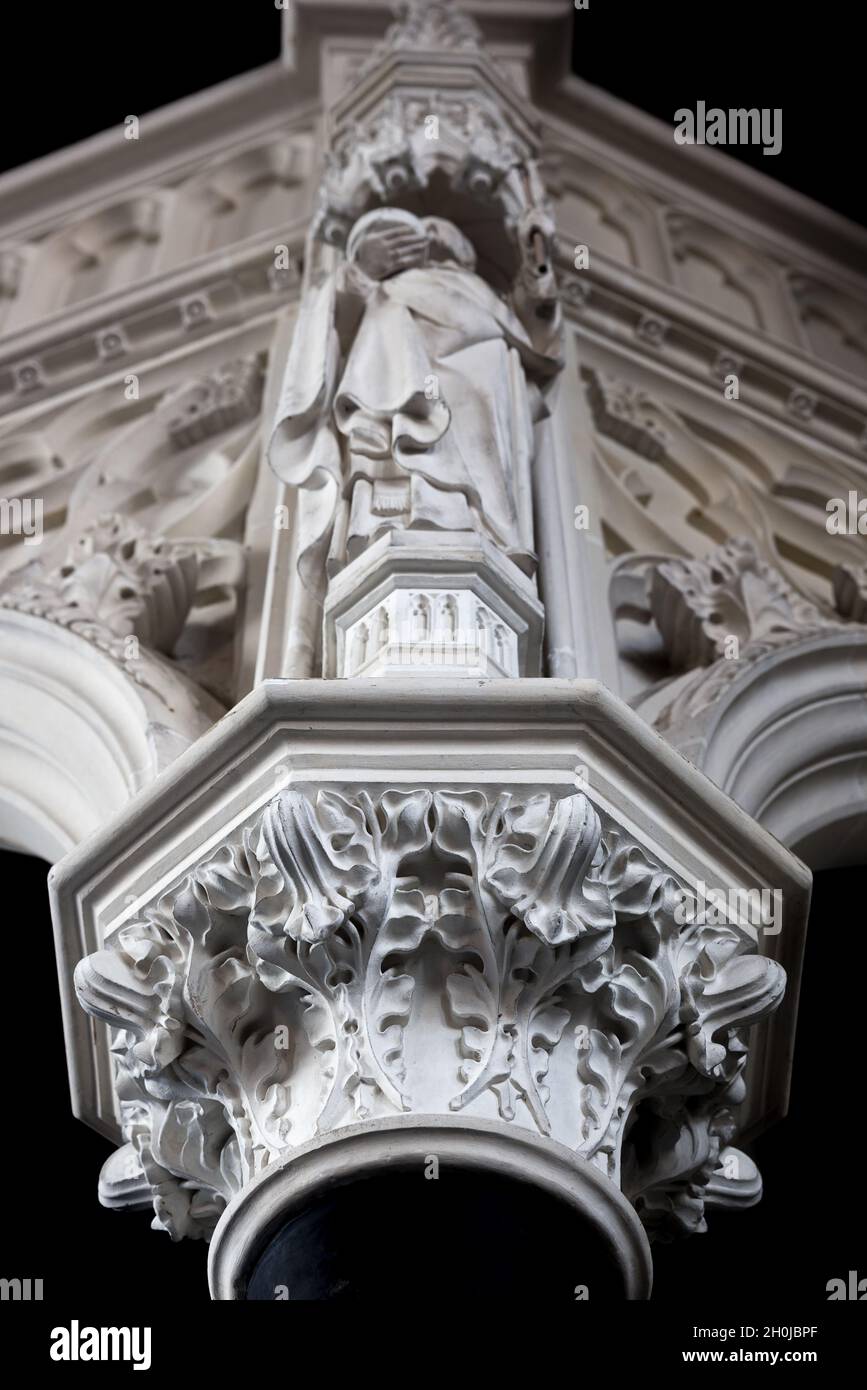 White marble sculpted arch and pillar in Saint Nicolas church in Veurne, Flanders Belgium Stock Photo
