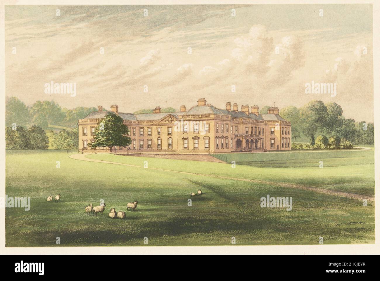 Holme Lacy House, Herefordshire, England. Built in 1674 by Anthony Deane for John Scadamore, 2nd Viscount, and renovated in 1828. Colour woodblock by Benjamin Fawcett in the Baxter process of an illustration by Alexander Francis Lydon from Reverend Francis Orpen Morris’s Picturesque Views of the Seats of Noblemen and Gentlemen of Great Britain and Ireland, William Mackenzie, London, 1880. Stock Photo