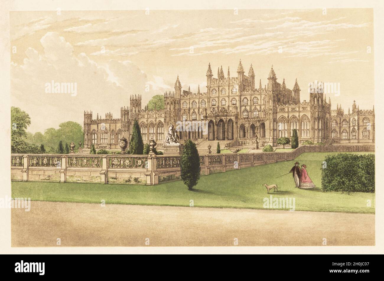 Eaton Hall, Cheshire, England. Gothic style mansion built by William Porden in 1803 for Robert Grosvenor, 2nd Earl Grosvenor., later altered by architect William Burn. Colour woodblock by Benjamin Fawcett in the Baxter process of an illustration by Alexander Francis Lydon from Reverend Francis Orpen Morris’s Picturesque Views of the Seats of Noblemen and Gentlemen of Great Britain and Ireland, William Mackenzie, London, 1880. Stock Photo