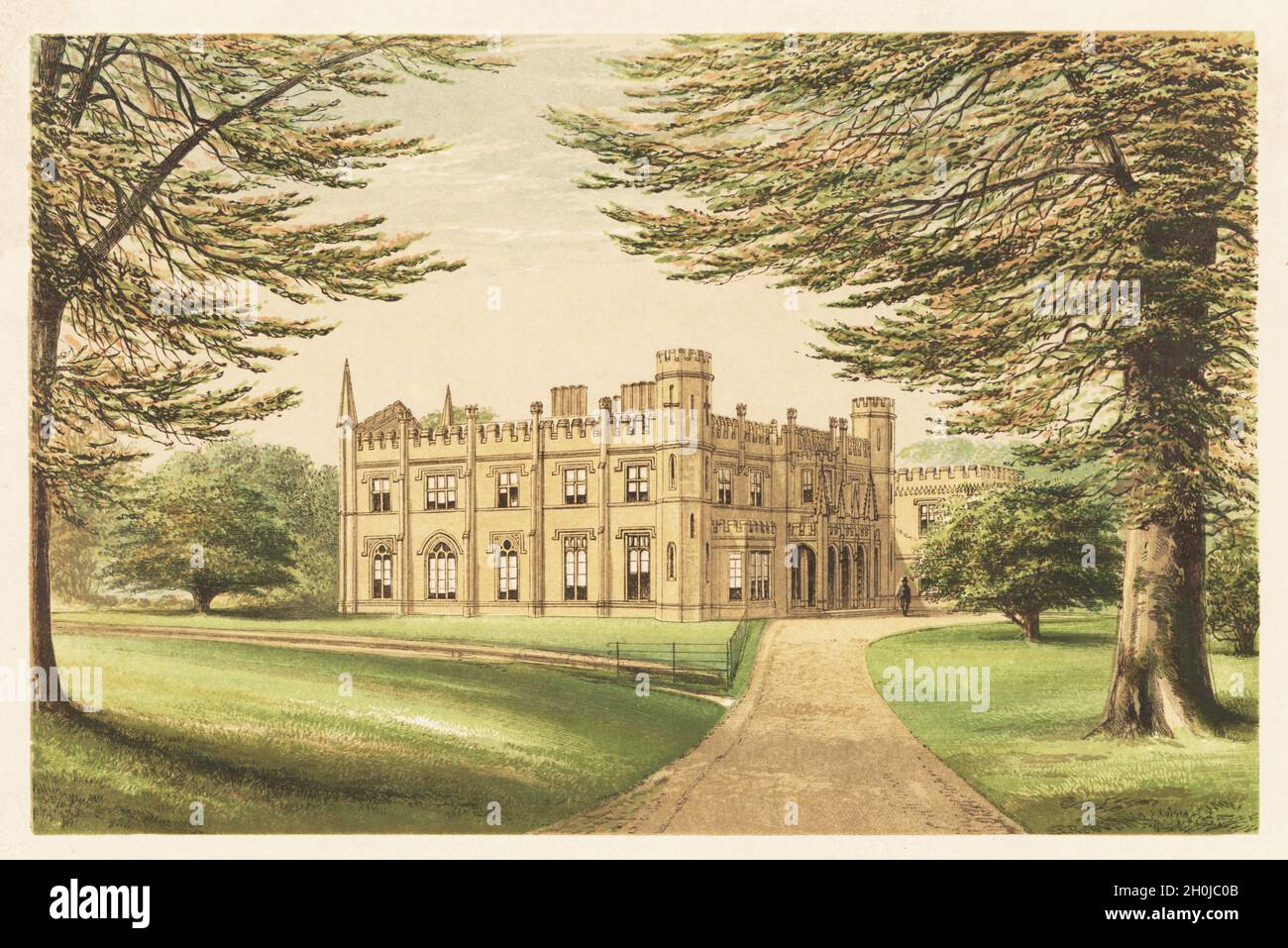 Thrybergh Park, Yorkshire, England. Tudor and Gothic Revival style house built in sandstone by John Webb in 1820 for Colonel Fullerton. Colour woodblock by Benjamin Fawcett in the Baxter process of an illustration by Alexander Francis Lydon from Reverend Francis Orpen Morris’s Picturesque Views of the Seats of Noblemen and Gentlemen of Great Britain and Ireland, William Mackenzie, London, 1880. Stock Photo