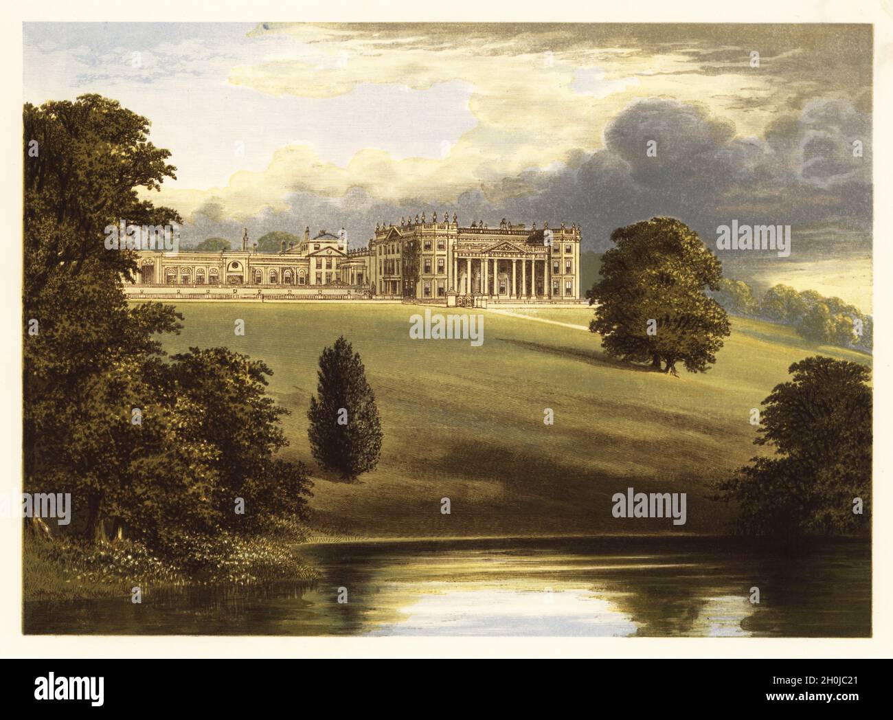 Bowood House, Wiltshire, England. Georgian house with interiors and mausoleum by Robert Adam and gardens landcaped by Lancelot Capability Brown. Colour woodblock by Benjamin Fawcett in the Baxter process of an illustration by Alexander Francis Lydon from Reverend Francis Orpen Morris’s Picturesque Views of the Seats of Noblemen and Gentlemen of Great Britain and Ireland, William Mackenzie, London, 1880. Stock Photo