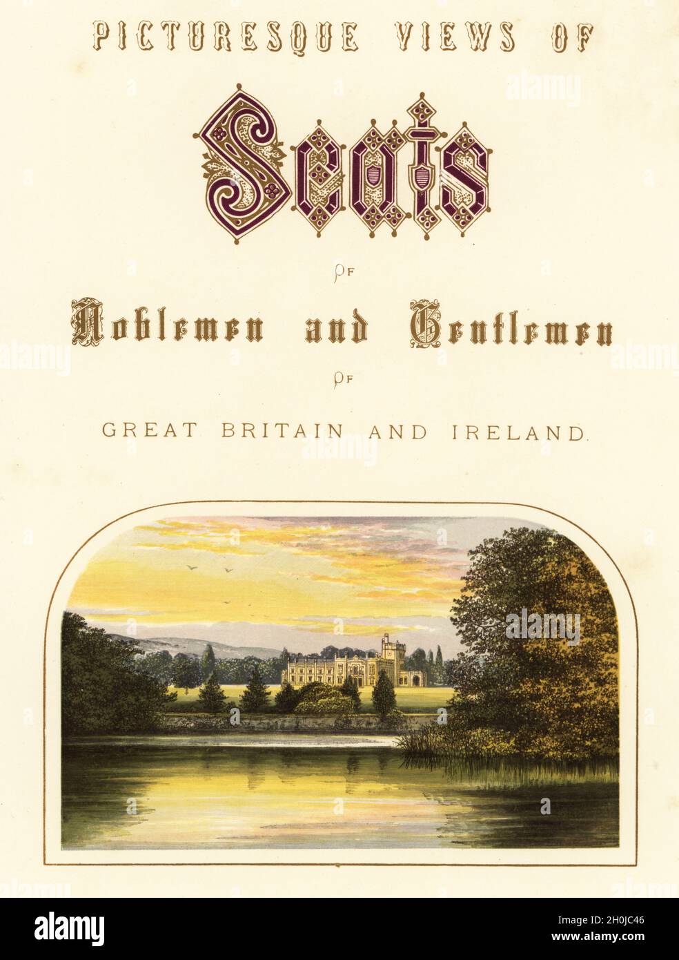 Title page with vignette of Balmoral Castle, Aberdeenshire, Scotland. Scottish Baronial-style granite castle built by William Smith in 1856 for Queen Victoria and Prince Albert. Colour woodblock by Benjamin Fawcett in the Baxter process of an illustration by Alexander Francis Lydon from Reverend Francis Orpen Morris’s Picturesque Views of the Seats of Noblemen and Gentlemen of Great Britain and Ireland, William Mackenzie, London, 1880. Stock Photo