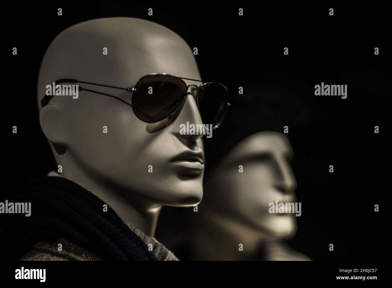 Plastic mannequin head with black sunglasses in a store Stock Photo