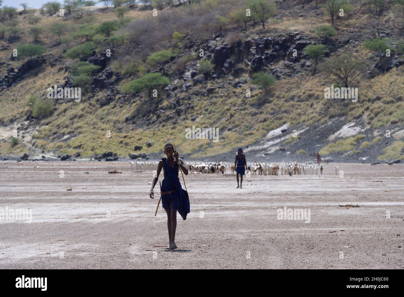 A Maasai herdmen herding goats along the dried up shores of Lake Magadi, Kenya. Lake Magadi is a saline, alkaline lake, approximately 100 square kilom Stock Photo