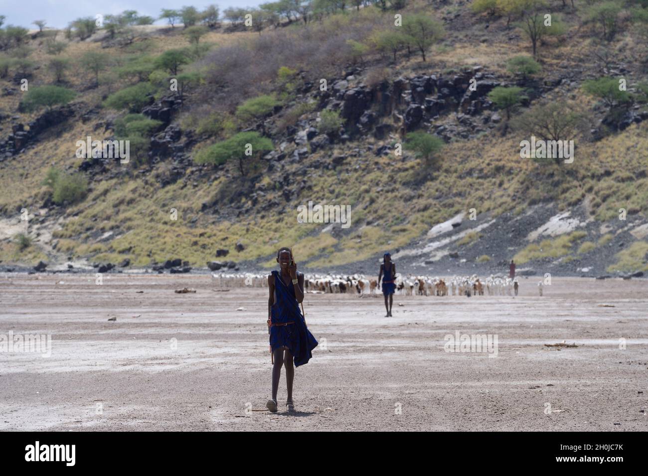 A Maasai herdmen herding goats along the dried up shores of Lake Magadi, Kenya. Lake Magadi is a saline, alkaline lake, approximately 100 square kilom Stock Photo