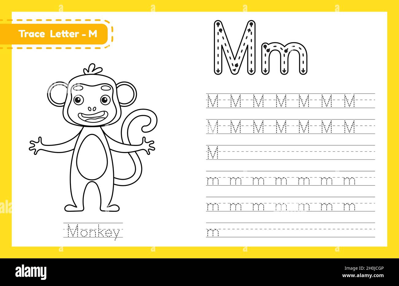 trace letter m uppercase and lowercase alphabet tracing practice preschool worksheet for kids learning english with cute cartoon animal coloring boo stock vector image art alamy