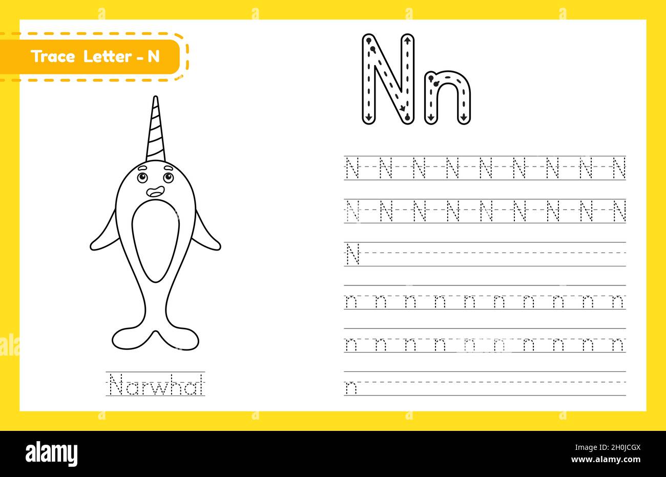 trace letter n uppercase and lowercase alphabet tracing practice preschool worksheet for kids learning english with cute cartoon animal coloring boo stock vector image art alamy