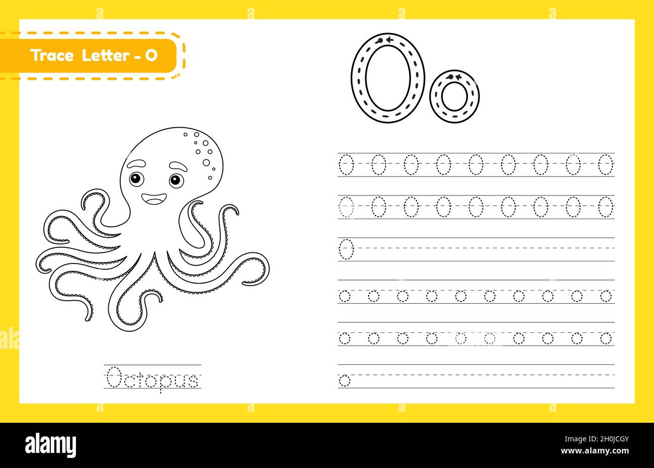 trace letter o uppercase and lowercase alphabet tracing practice preschool worksheet for kids learning english with cute cartoon animal coloring boo stock vector image art alamy