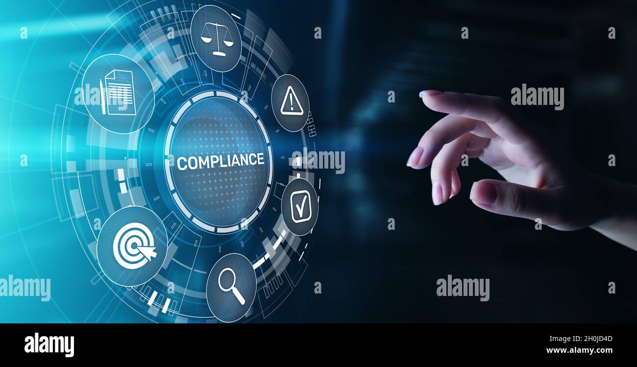 Compliance concept with icons and text. Regulations, law, standards ...