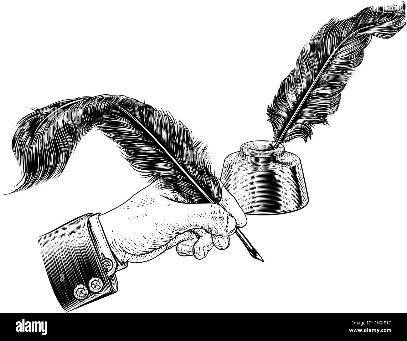 Quill Feather Ink Pen Hand Suit Vintage Woodcut Stock Vector