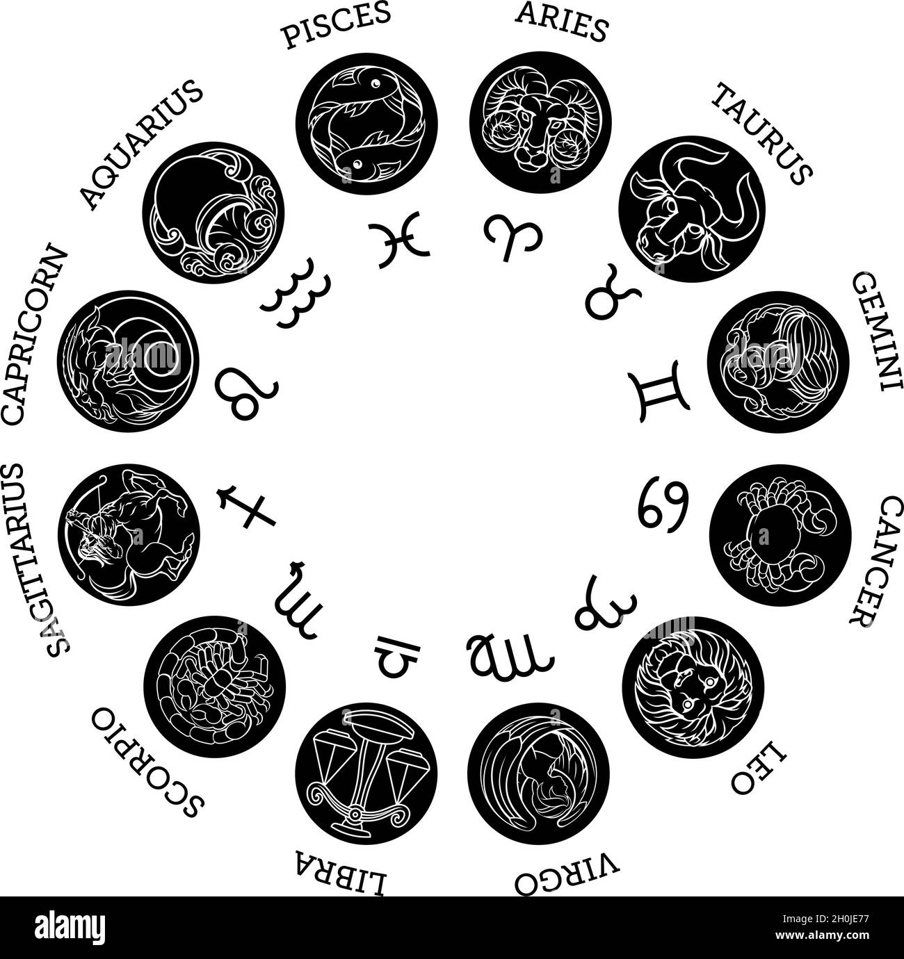 Horoscope astrology zodiac star signs symbols set Stock Vector