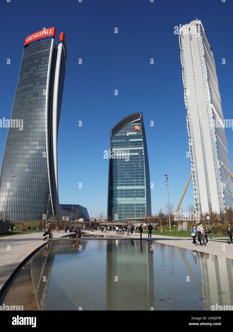 Europe, Italy, Lombardia, Milan - City Life, Tre Torri district. Lo Storto Palace: Generali Tower (architect Zaha Hadid), The Diritto: Allianz Tower ( Stock Photo