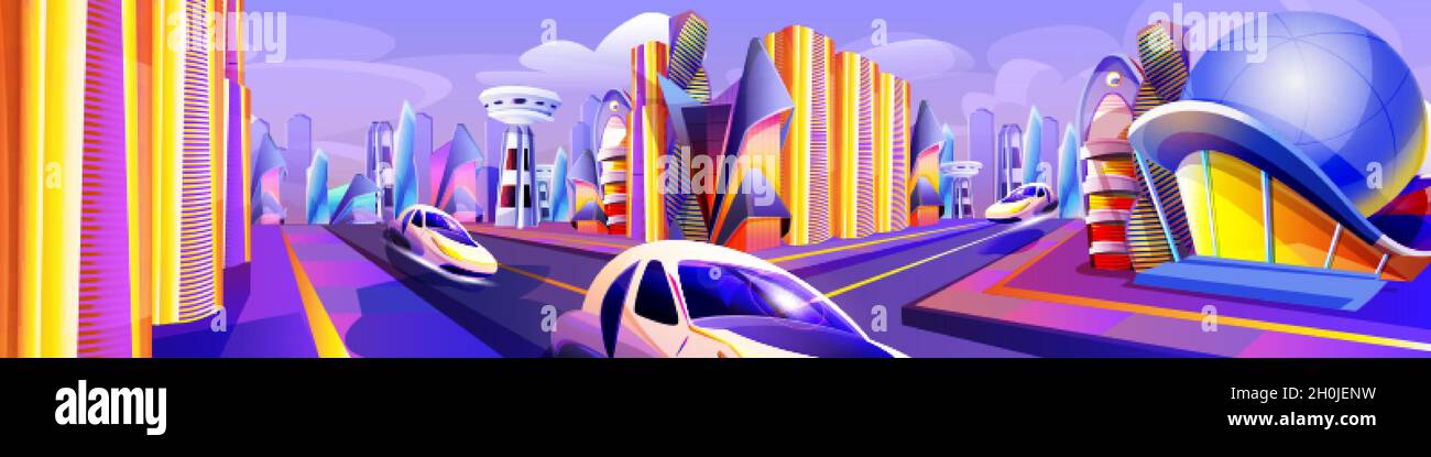 Future city with modern flying cars of unusual shapes. Automobile drive road and futuristic glass buildings. Alien urban architecture skyscrapers or fantasy cityscape cartoon vector illustration. Stock Vector