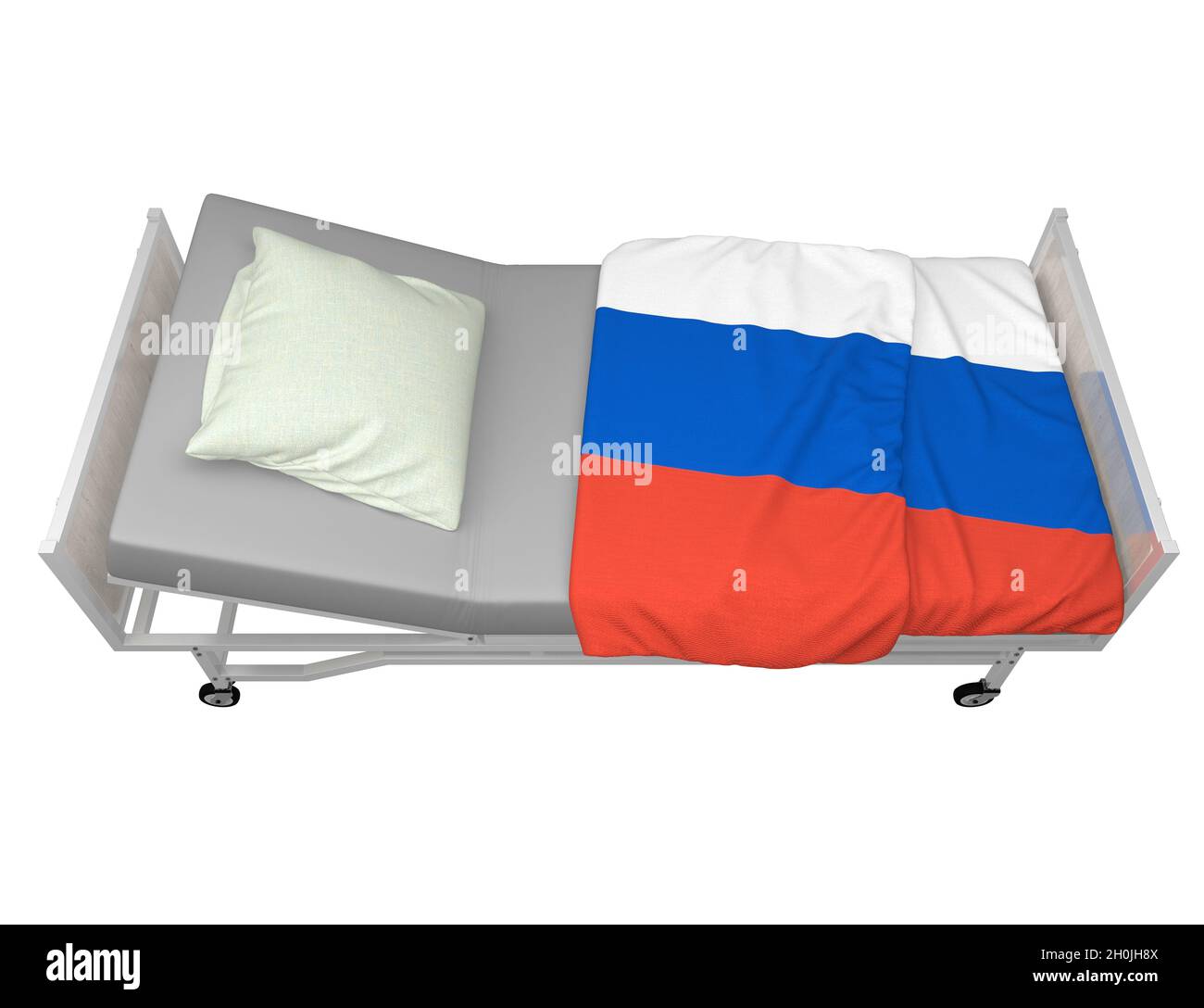 hospital bed with Russia flag isolated on white. 3d rendering Stock