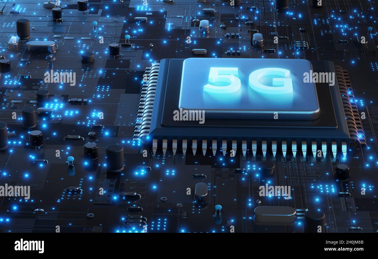 5G network processor 3D rendering, Computer mother board chip with 5G logo and glowing circuit background, Central Computer Processors CPU, 5G technol Stock Photo