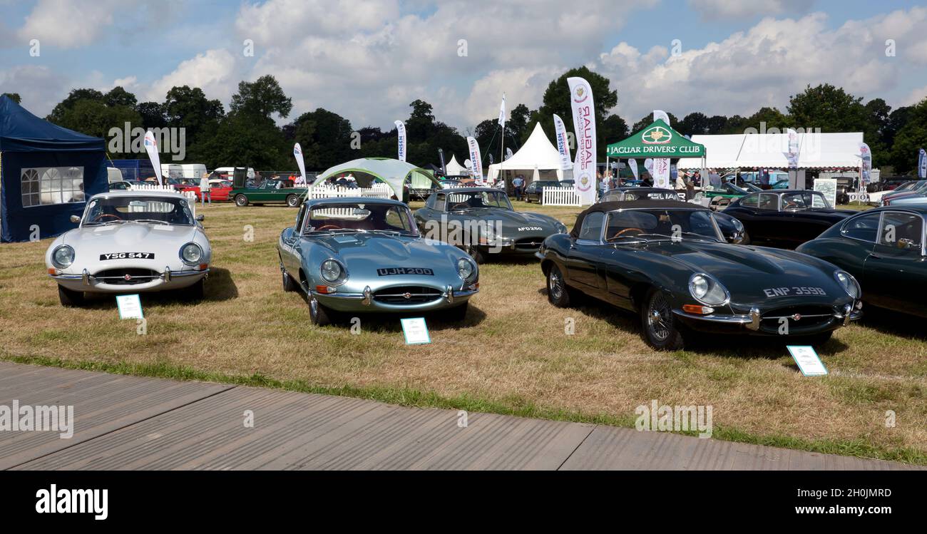 A special display commemorating the 60th Anniversary of the Jaguar E-Type, at the 2021 London Classic Car Show Stock Photo