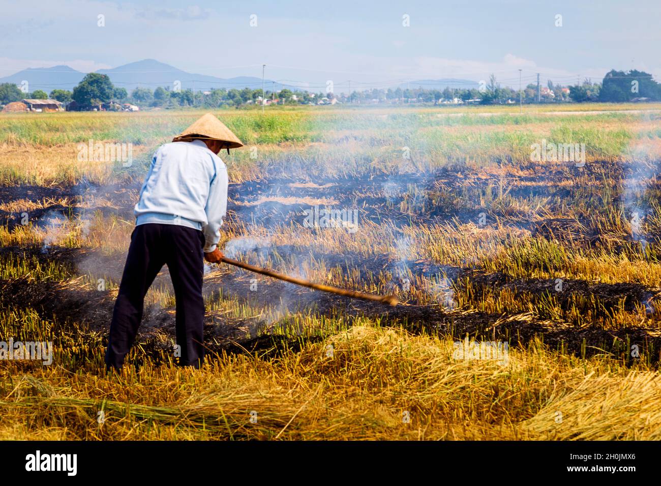 Farmer in rice field pokes a fire to burn his straw from crop Stock