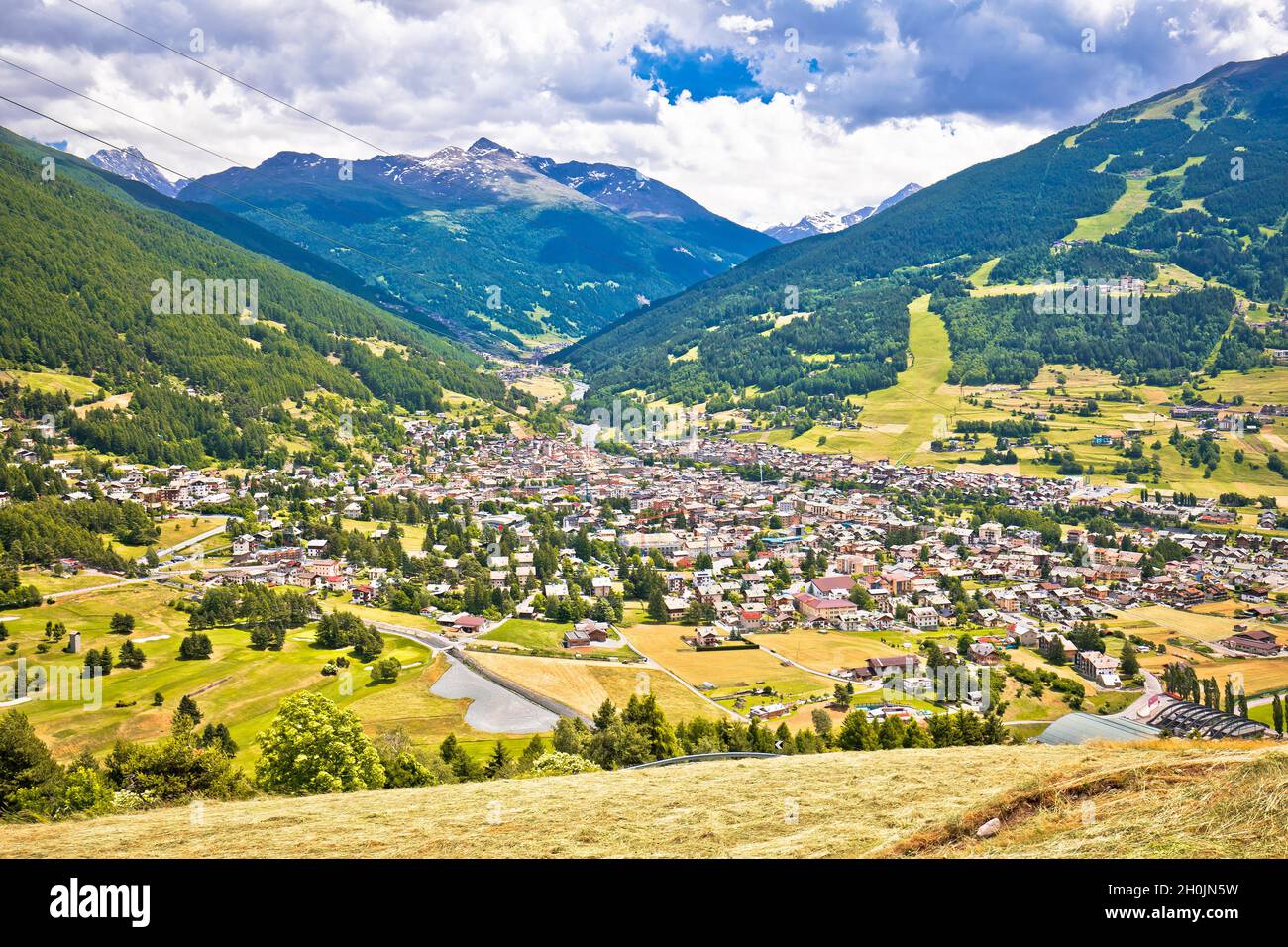 Town of Bormio in Dolomites Alps landscape view, Province of Sondrio, Lombardy, Italy Stock Photo