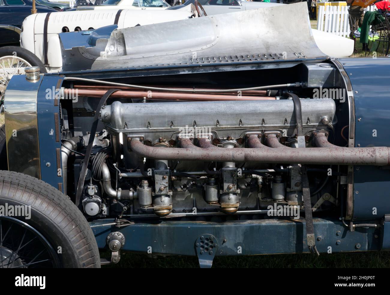 Close-up of the 27Litre Mb12 aero engine in a 1926/30 Delage Hispano Suiza SID, on display at the 2021, London Classic Car Show Stock Photo