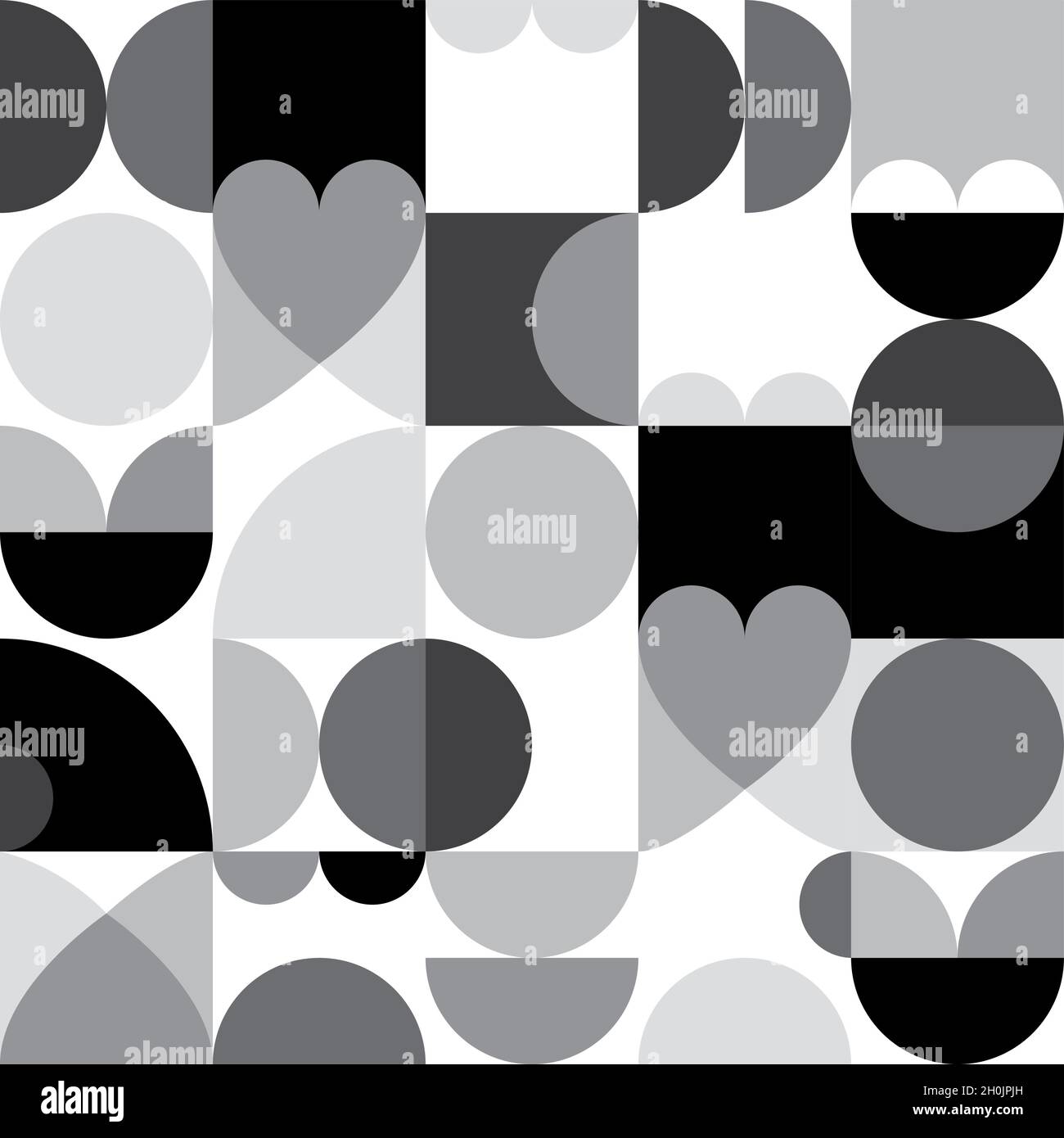Mid-century modern 60's and 70's style vector seamles pattern - retro minimalist geometric textile or fabric print with hearts in black and white Stock Vector