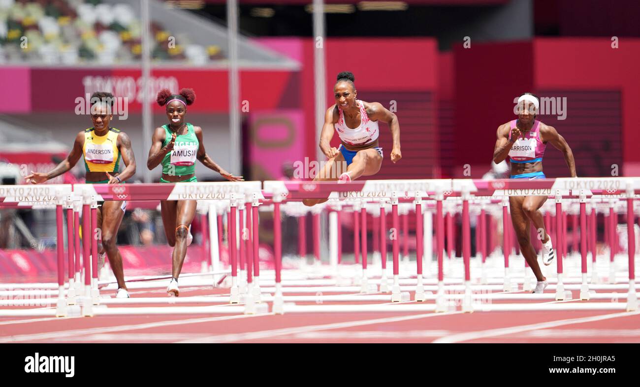 Jasmine CamachoQuinn running and winning in the final of the 100 meter hurdles at the 2020