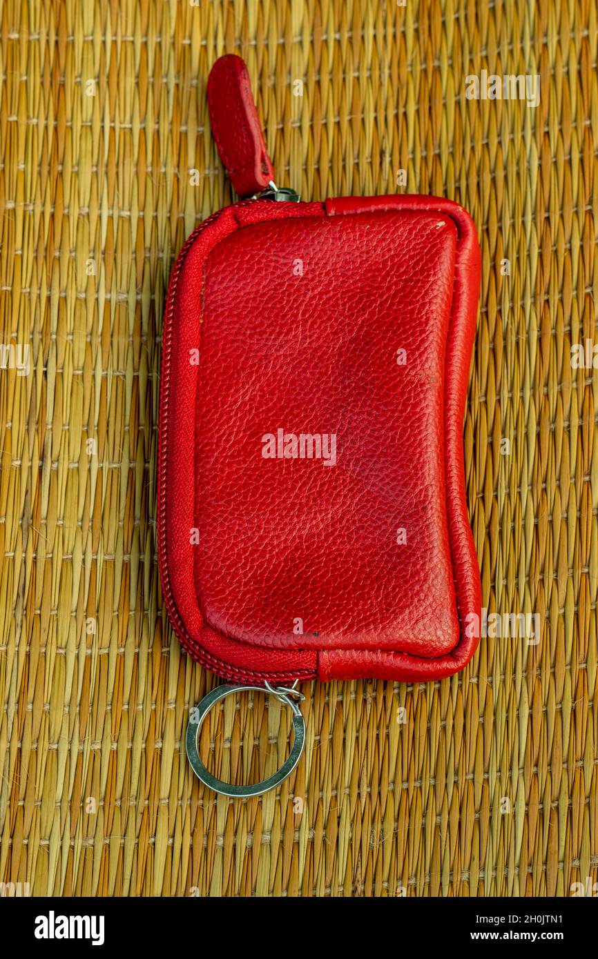 Top view of smart style red leather key ring bag made in Bangladesh