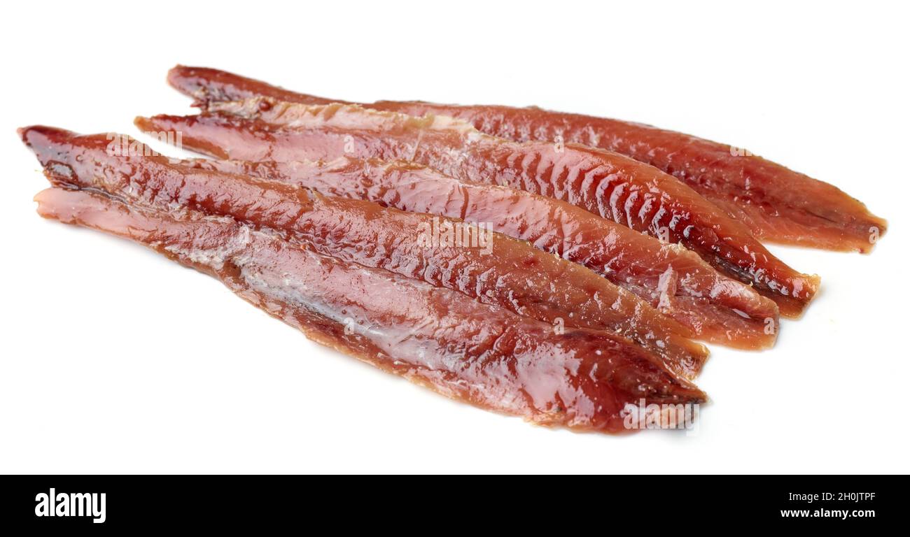 canned anchovy fillets macro isolated on white background Stock Photo