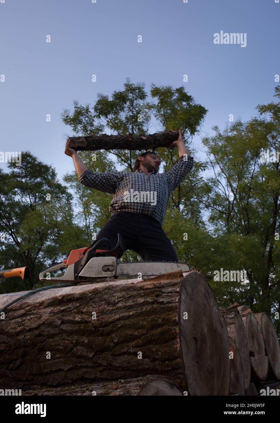Low angle of young strong lumberjack raising wooden log above pile ...