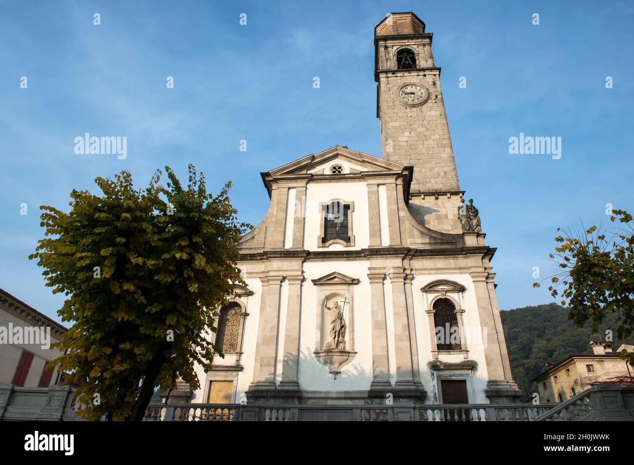 Italy, Veneto, Cison di Valmarino, Piazza Roma, Santa Maria Assunta church Stock Photo