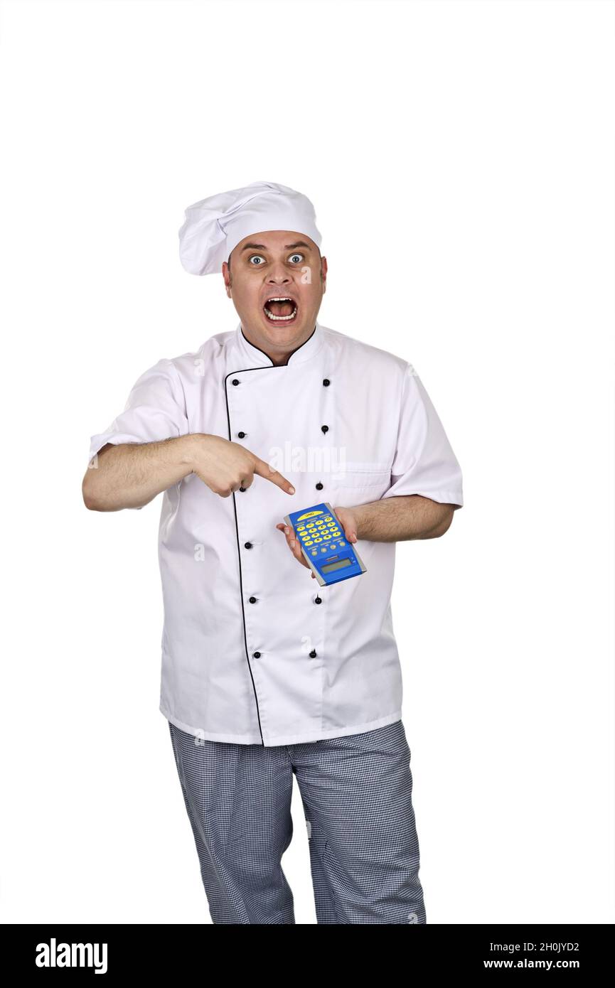 upset cook with calculator Stock Photo