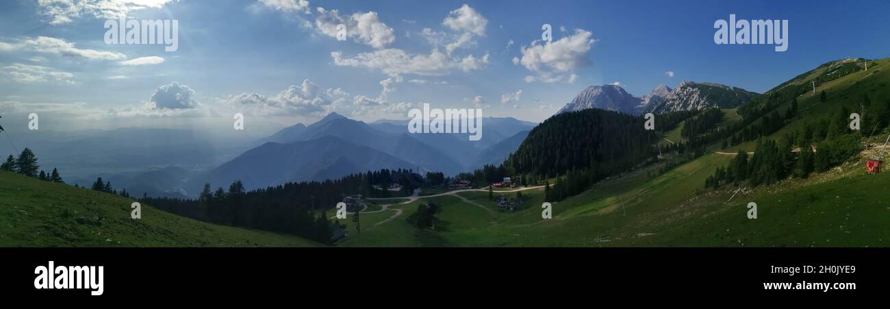 Panoramic view of green mountains in the morning Stock Photo - Alamy