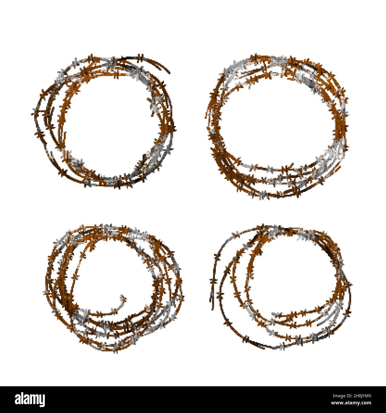 Set of different realistic hanks of metal glossy barbed wire with red rust on white Stock Vector