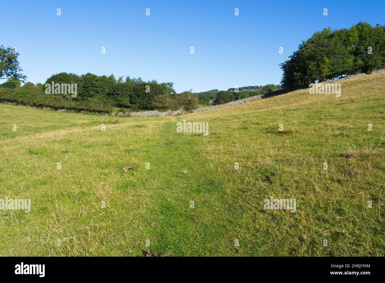 Almost invisible footpath crosses the bottom of a steep hill in the Derbyshire Peak District countryside.. Stock Photo