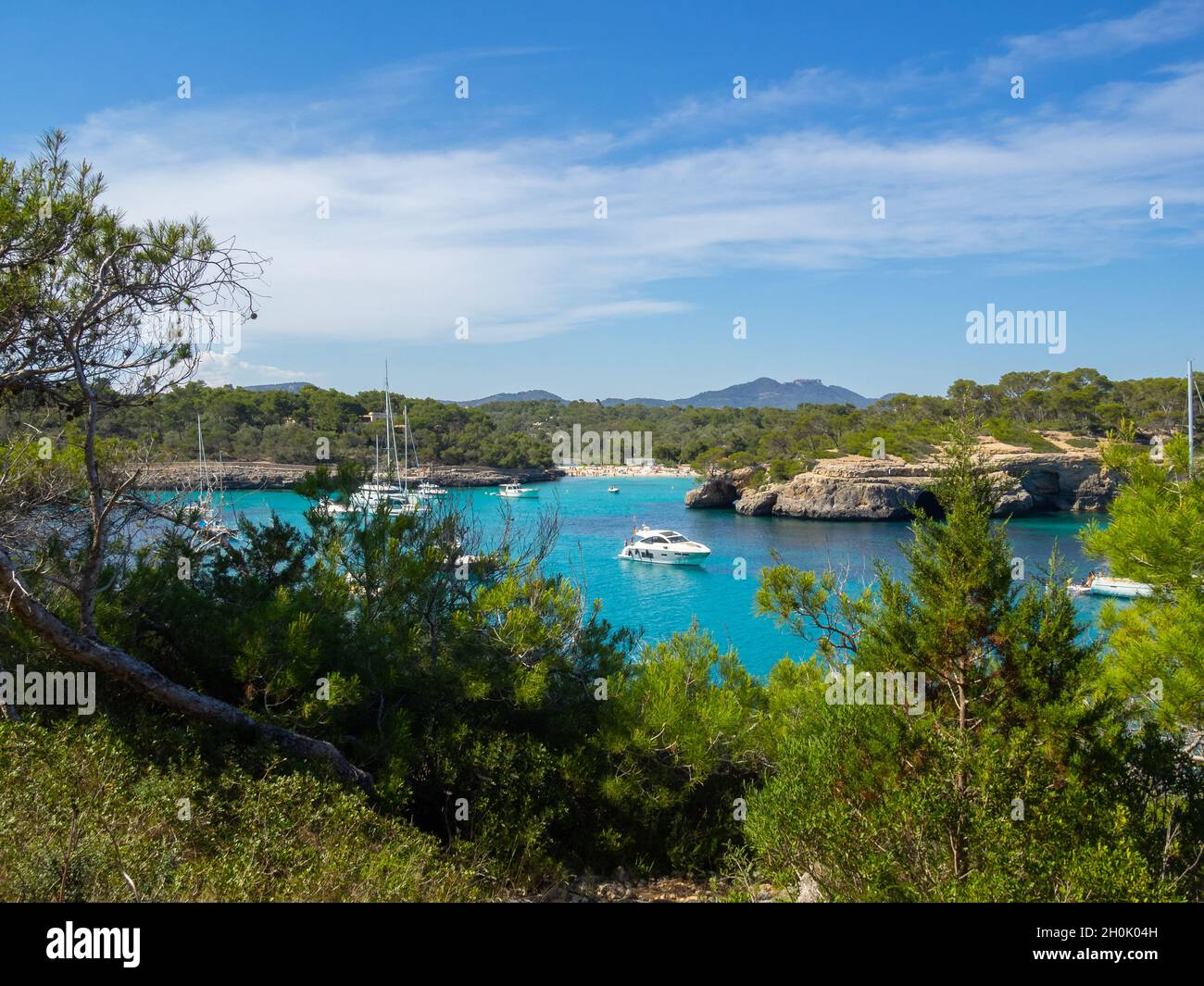 Cala Mondragó behind the green pine trees, Maiorca Stock Photo