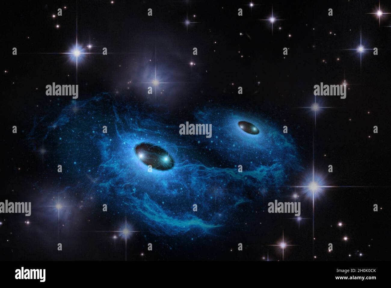 Abstract space wallpaper. Pair of two black holes with nebula over stars and cloud fields in outer space. Elements of this image furnished by NASA. Stock Photo