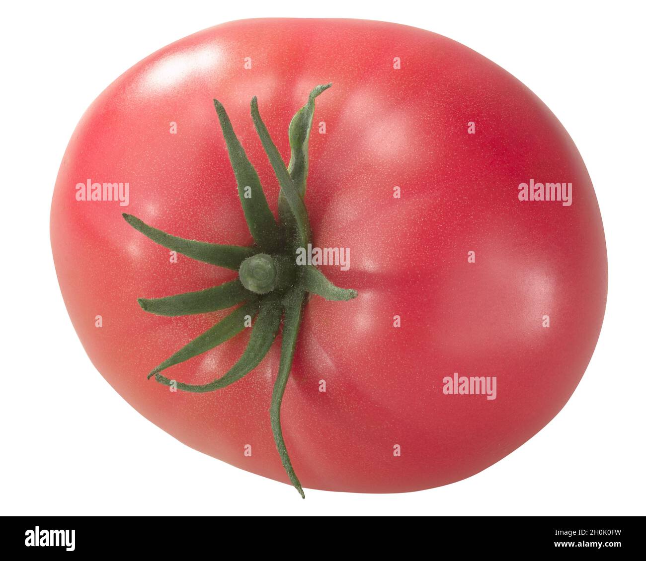 Pink heirloom tomato (Solanum lycopersicum fruit) isolated, top view Stock Photo