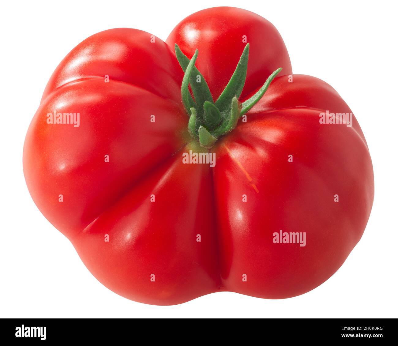 Reisetomate heirloom ribbed tomato (Solanum lycopersicum fruit) isolated, top view Stock Photo