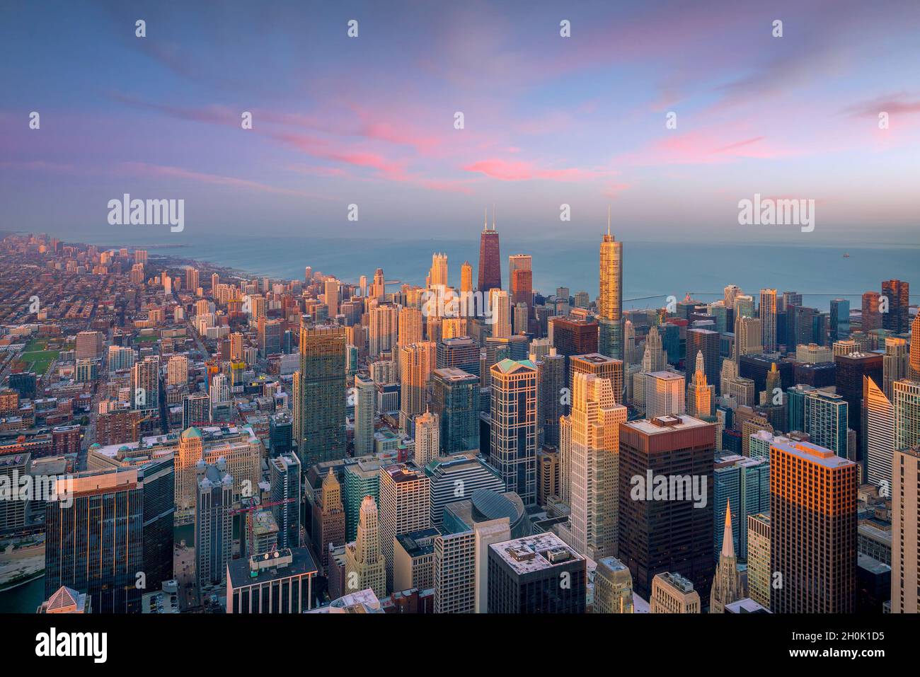 Aerial view of Chicago downtown at sunset from high above Stock Photo ...
