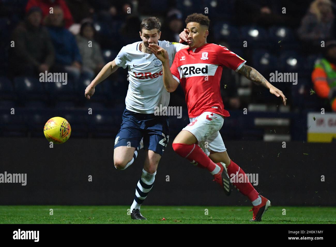 Middlesbrough's Marcus Tavernier and  Preston North End's Paul Huntington battle for the ball Stock Photo