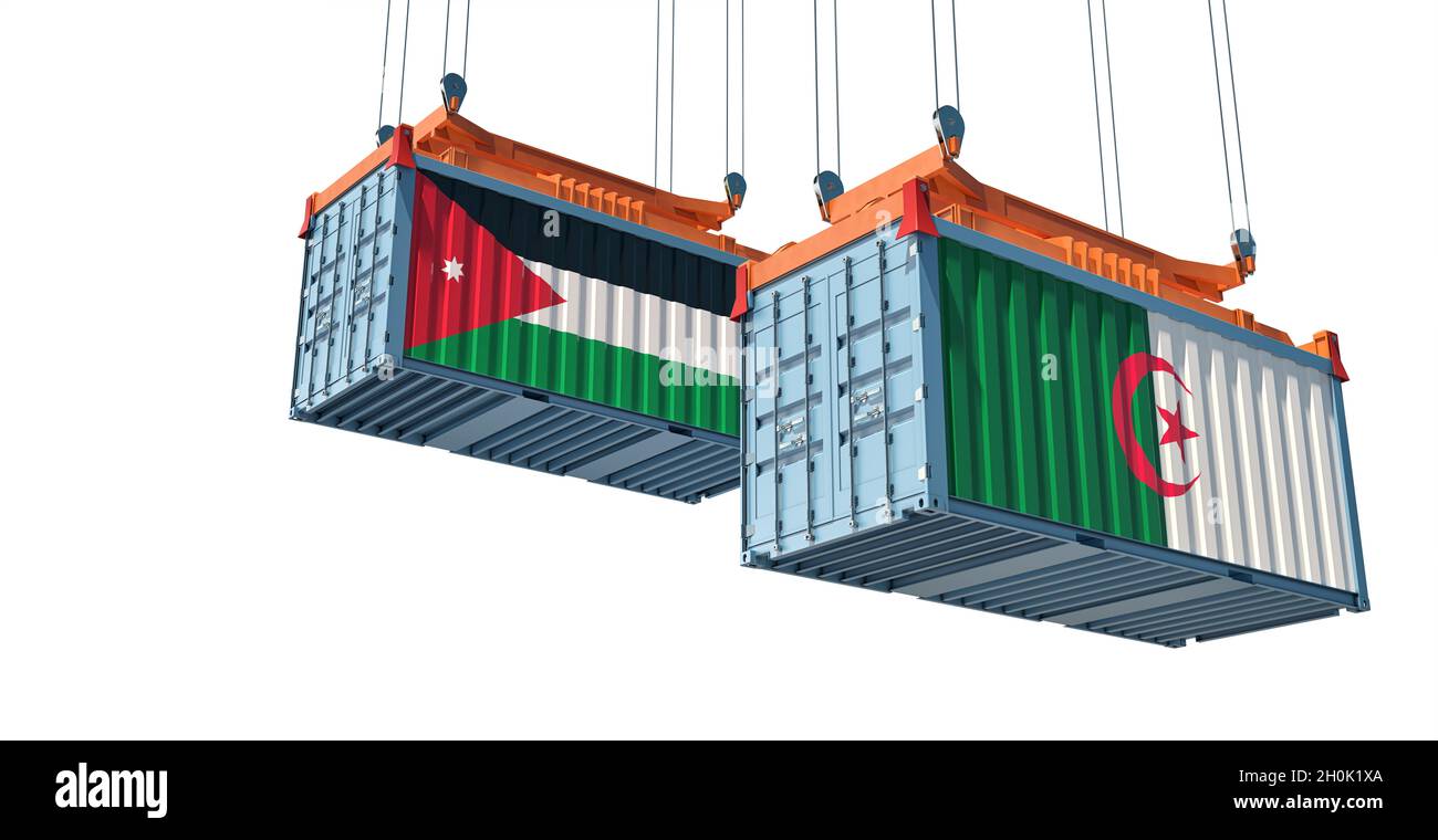 Freight containers with Algeria and Jordan national flags. 3D Rendering Stock Photo