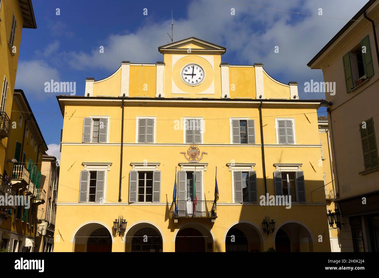 Townhall of Salsomaggiore Terme, in Parma province, Emilia-Romagna, Italy, by morning Stock Photo