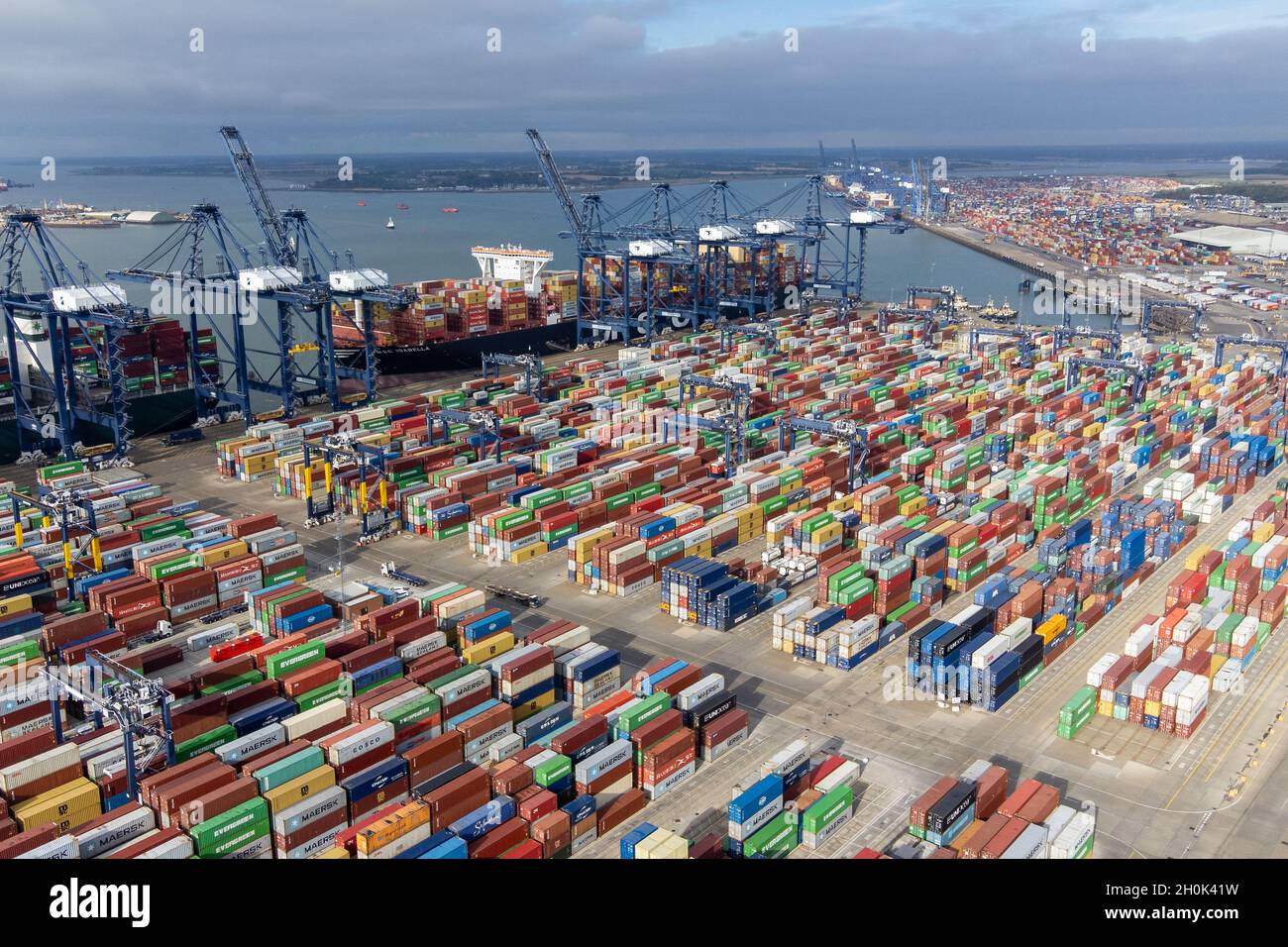 Thousands of shipping containers at the Port of Felixstowe in Suffolk, as  shipping giant Maersk has said it is diverting vessels away from UK ports  to unload elsewhere in Europe because of