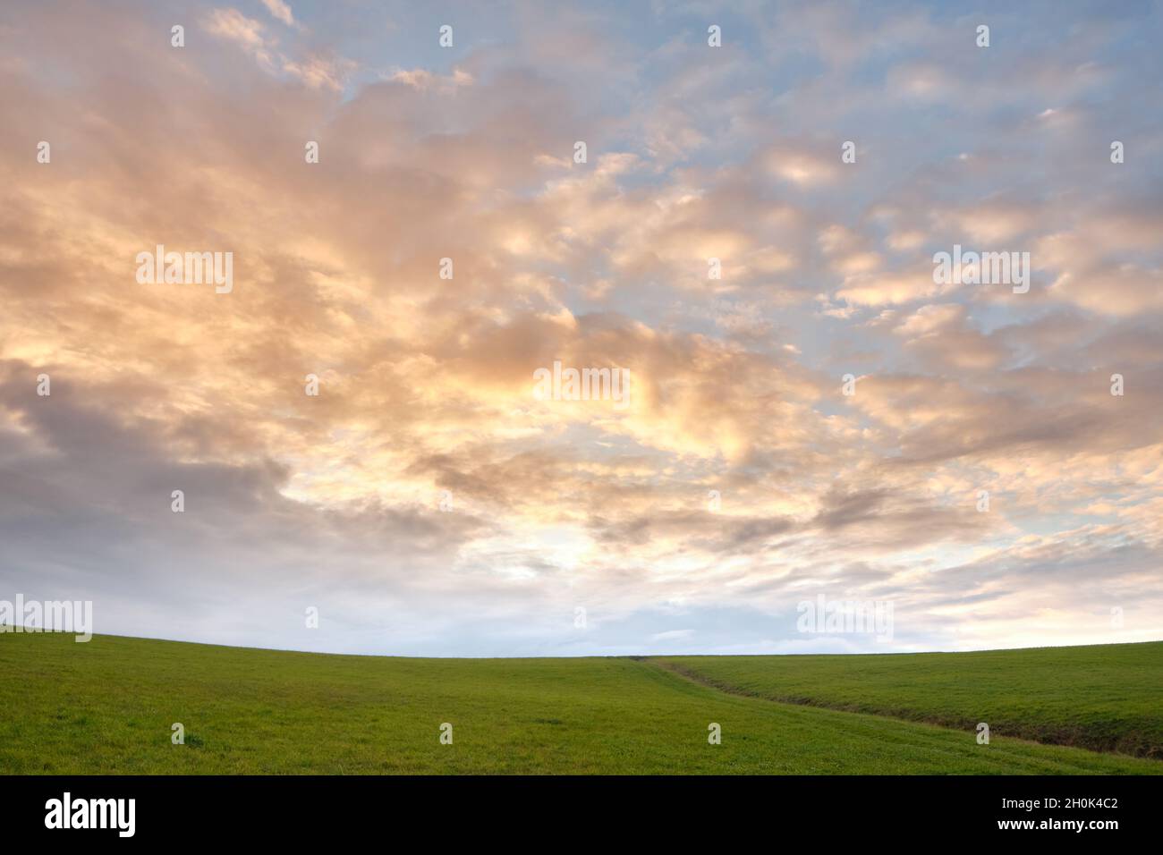 Beautiful sunset sky with clouds above horizon of a green meadow on agricultural field. Seen in Germany in October. Stock Photo